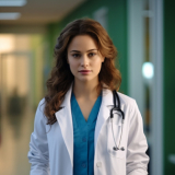 Female doctor with brown hair looking forward with a slight smile, wearing a stethoscope